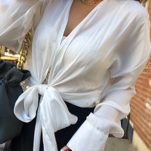 Last 1✨KLY Tie Front Blouse Top - White - Picture 5 of 8